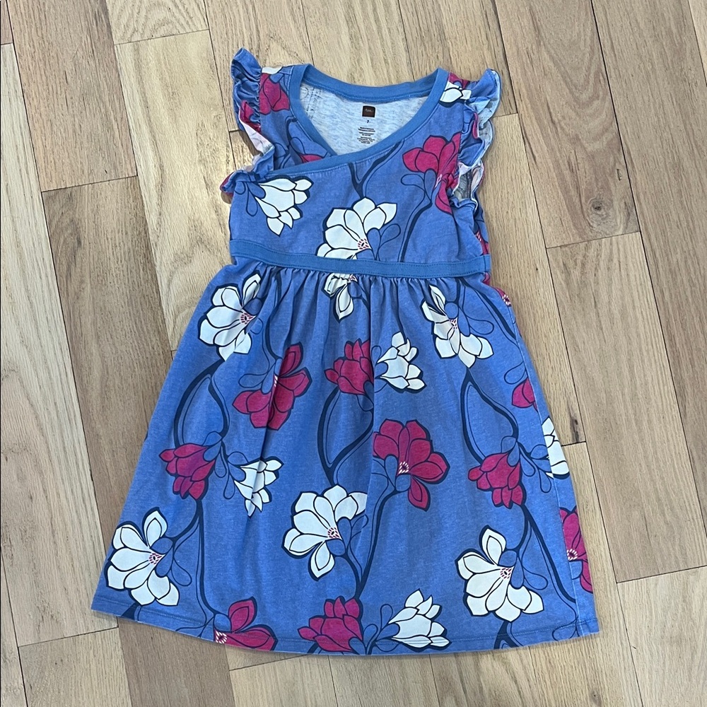 Tea Collection Blue Dress with Pink and White Floral Design